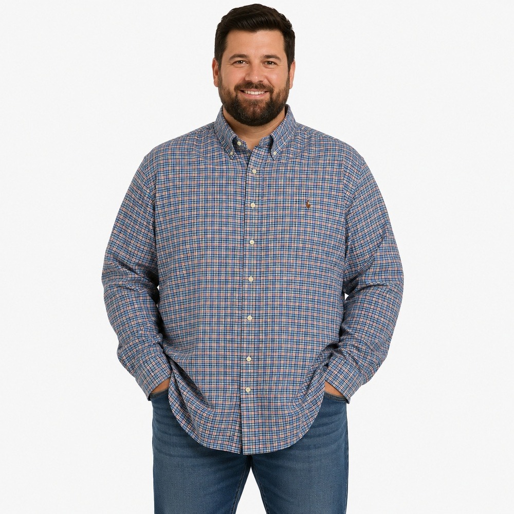 Ralph Lauren Button Down Men 2XLT Blue Plaid Long Sleeve Big & Tall Cotton Shirt